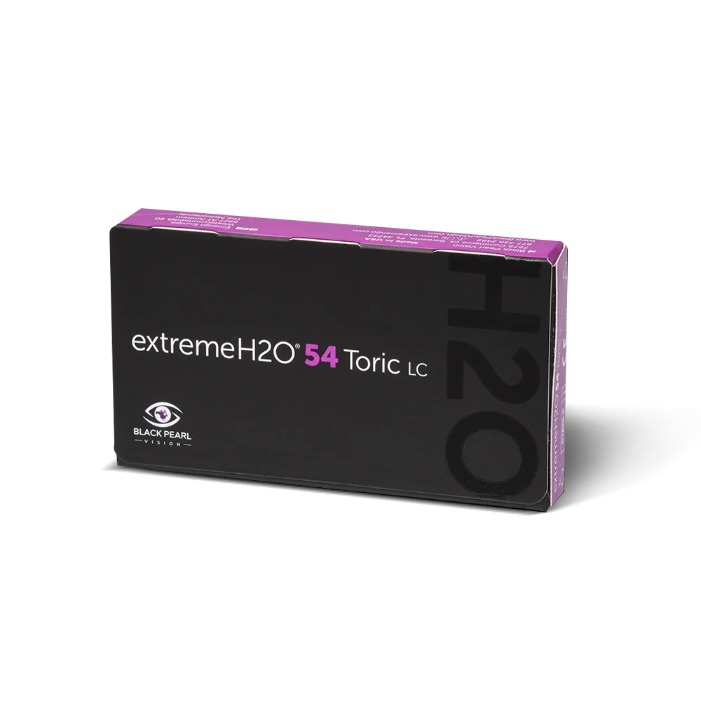 Black and purple packaging of extremeH2O 54 Toric LC contact lenses on a white background