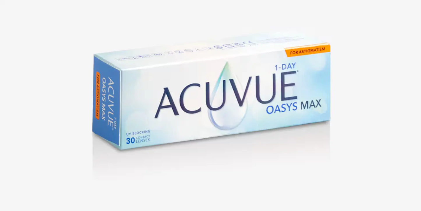 Box of Acuvue 1-Day Oasys Max contact lenses on a white background