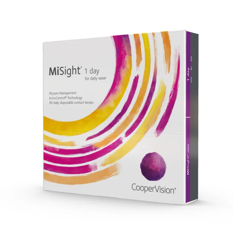 CooperVision MiSight 1 day contact lenses packaging on a white background