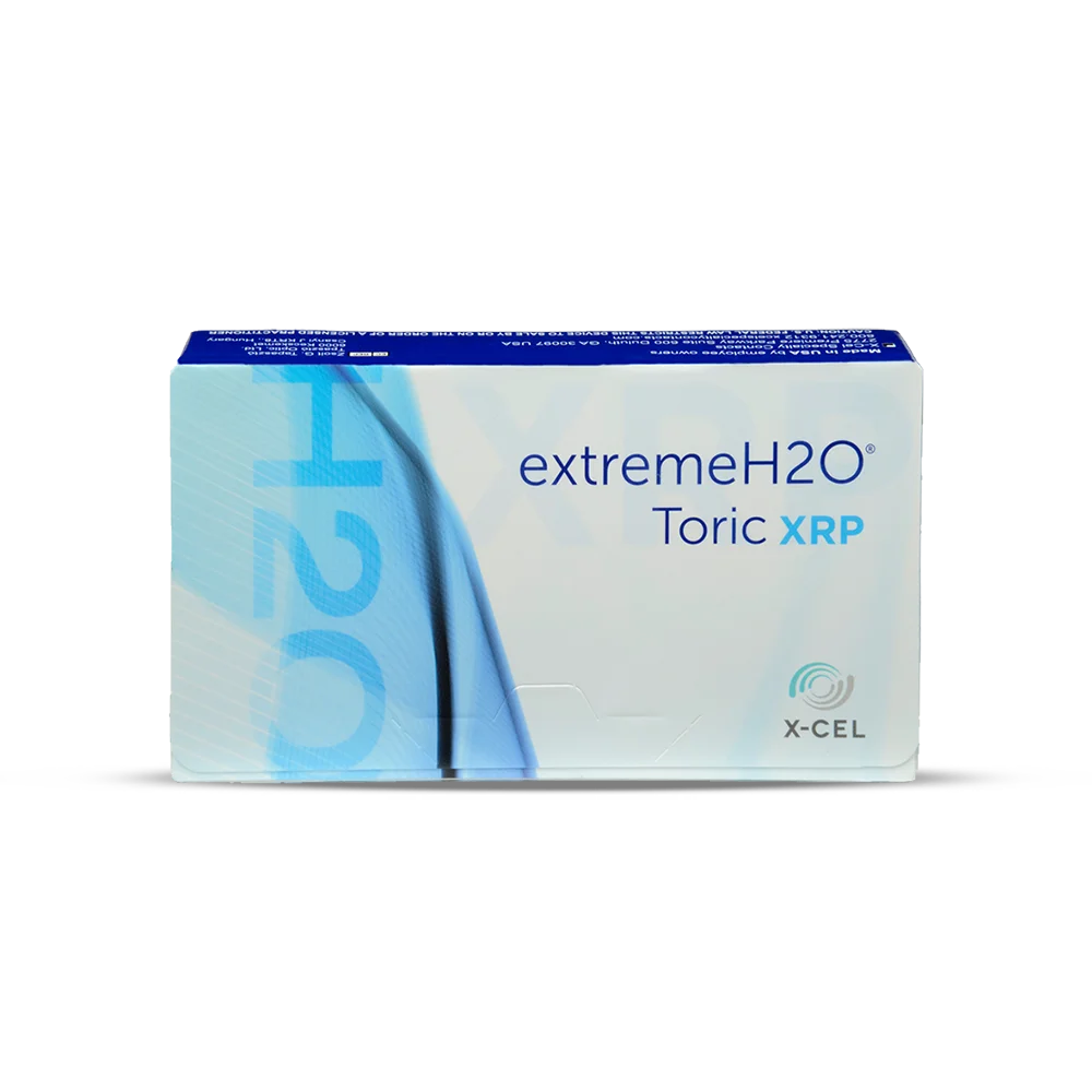 Box of extremeH2O Toric XRP contact lenses on a white background