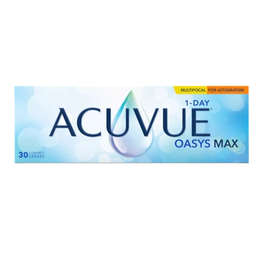 Acuvue 1-Day Oasys Max contact lens box on a white background