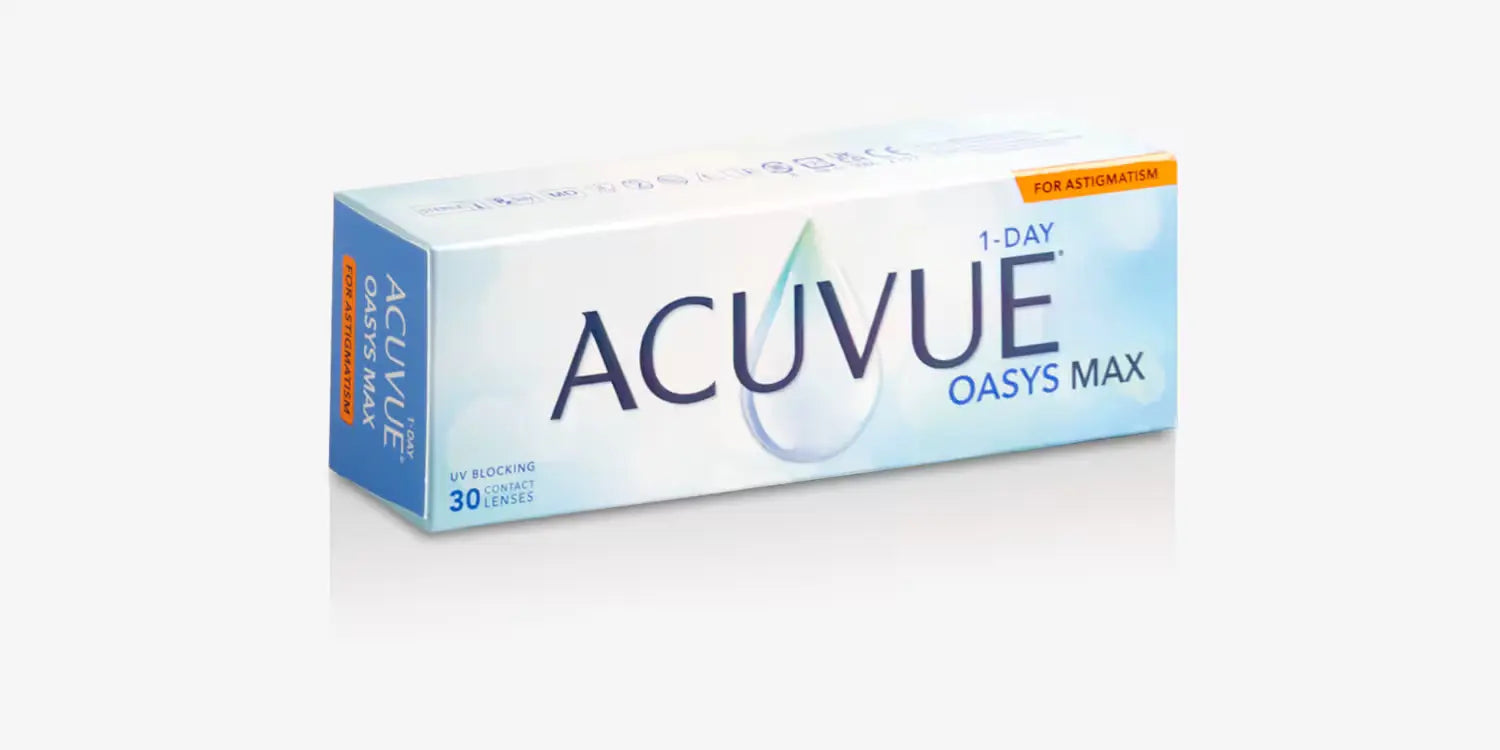 Box of Acuvue 1-Day Oasys Max contact lenses on a white background