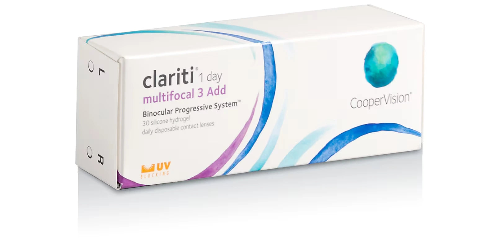 Box of clariti 1 day multifocal 3 Add contact lenses by Cooper Vision on a white background