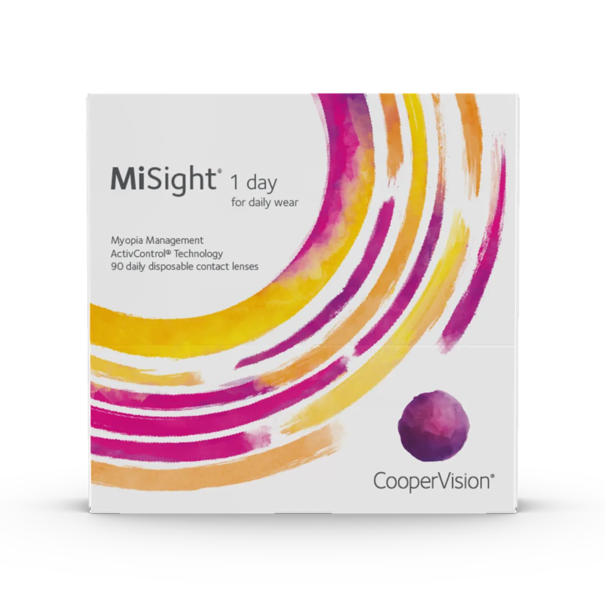 MiSight 1 day contact lenses packaging with colorful design on a white background
