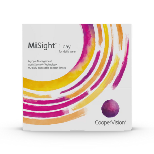 MiSight 1 day contact lenses packaging with colorful design on a white background